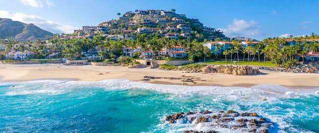 Beachfront hillside community with colorful homes, palm trees, sandy beach, and turquoise ocean waves